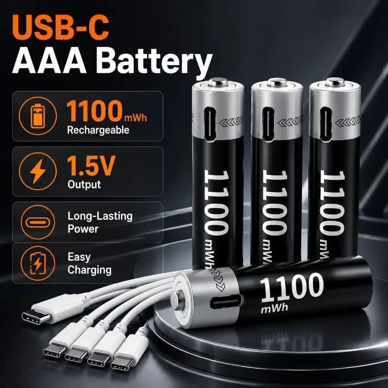 USB-C AAA Rechargeable Batteries 1.5V 1100mWh Constant Voltage Lithium Batteries with Charging Cable for Toys Remote Control