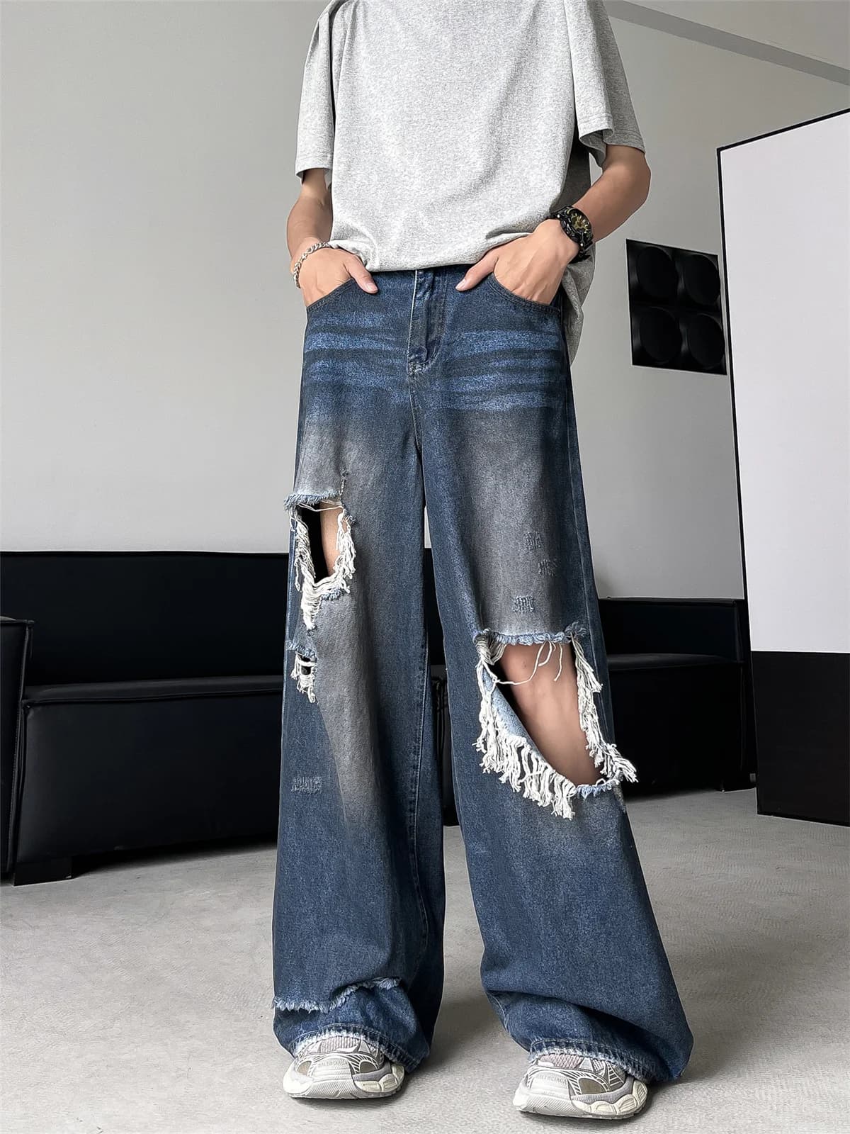 Jeans da Uomo Waed Distred American Style, Design High Street, Gamba Larga, Pantaloni Lunghi Casual, Moda Estiva Giovanile