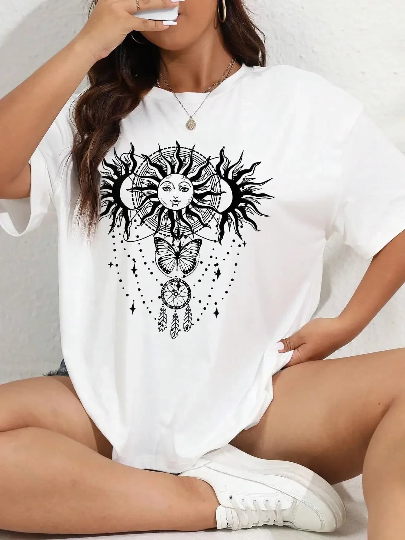 Dream Catcher Net Sun Butterfly Feather T Shirt Female Oversize T-Shirt Soft Casual Clothes Breathable Loose Short Sleeve