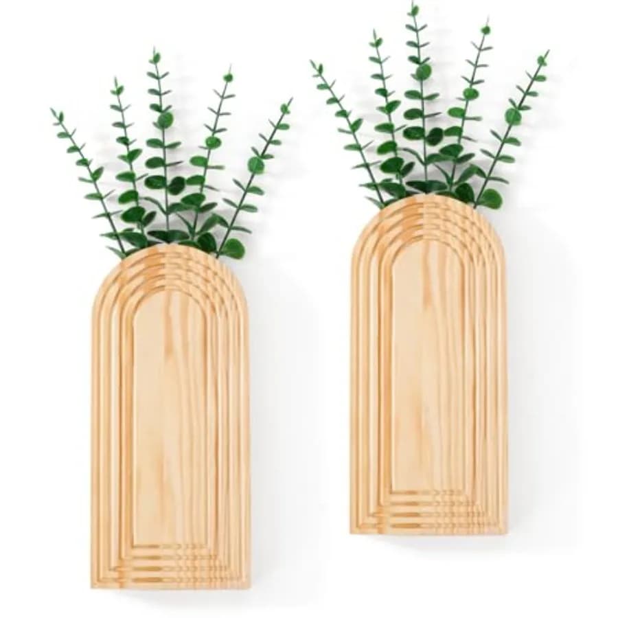 2 Pcs Wooden Wall Vase Set for Decor with 10pcs Artificial Eucalyptus Plants-Boho Hanging Planter Modern Farmhouse Wall Decor f