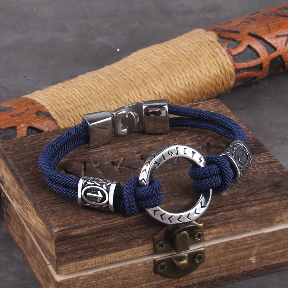 Bracciale con corda intrecciata con ciondolo per uomo Bracciali e braccialetti con rune con fibbia facile in acciaio inossidabile Gioielli maschili come regalo con scatola di legno