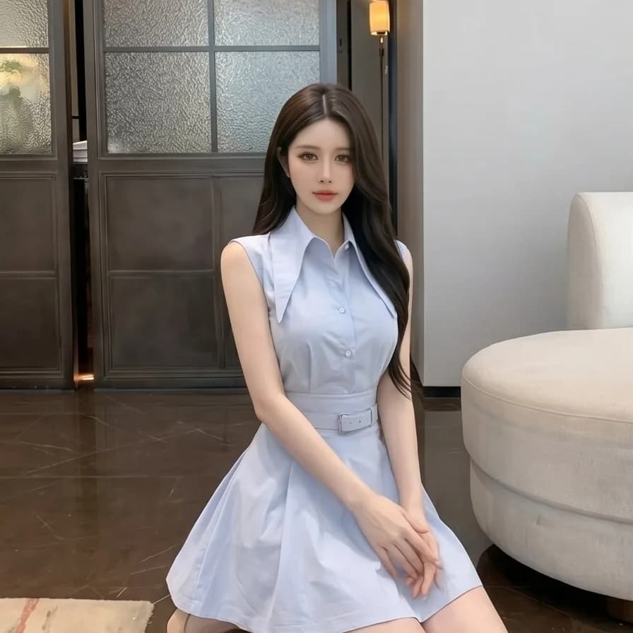 Elegante completo coreano senza maniche con top con colletto e gonna a trapezio con cintura in vita, modello snellente, moda estiva da donna