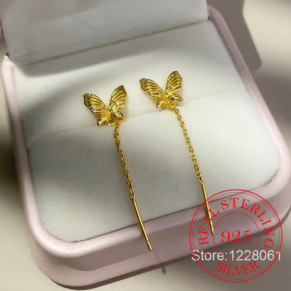 Gioielli in argento sterling 925 Orecchini pendenti con nappa a farfalla placcata oro 18 carati per le donne Gioielli per feste di nozze per ragazze Regalo di amiche