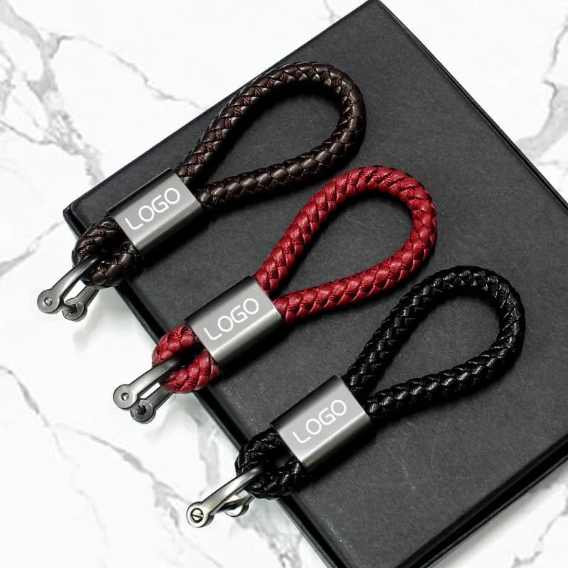 Custom Logo Keyring Empty PU Leather Corda Car Keyring with Laser Engraving Keyring with Braided Tape Custom Keychain Wholesale
