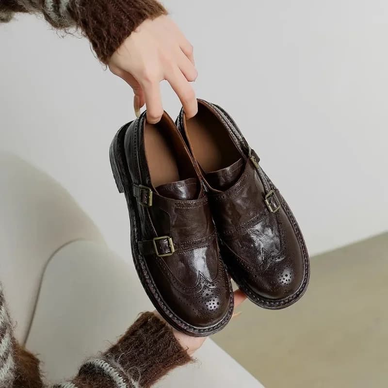 Mocassini in vera pelle nuovo stile britannico donna punta tonda marrone scarpe casual in pelle da ufficio oxford femminili