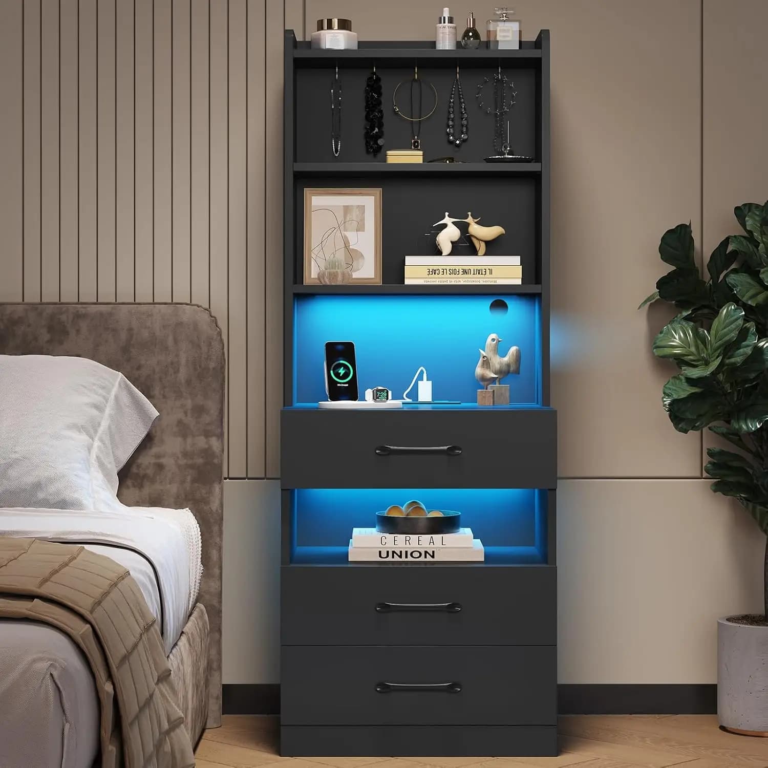 VIAGDO Comodino alto con stazione di ricarica e luci a LED, grande comodino nero con libreria