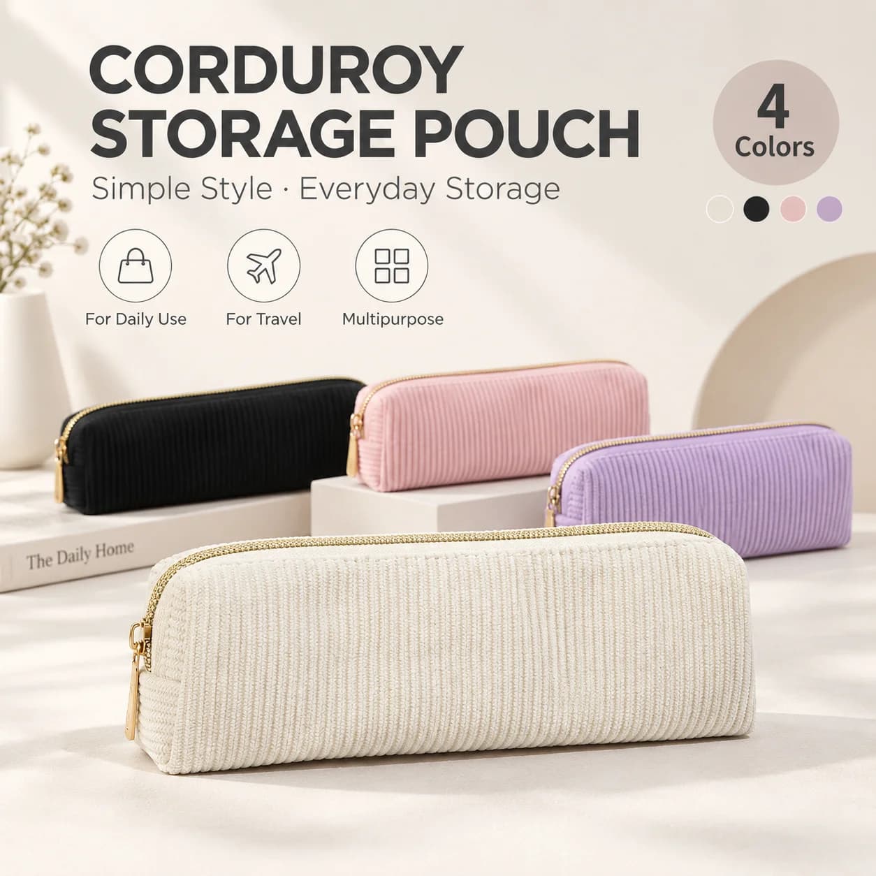 1Pc Corduroy Cosmetic Bags, Retro Style, Large Capacity & Portable Multipurpose Storage Pouch, For Women Travel