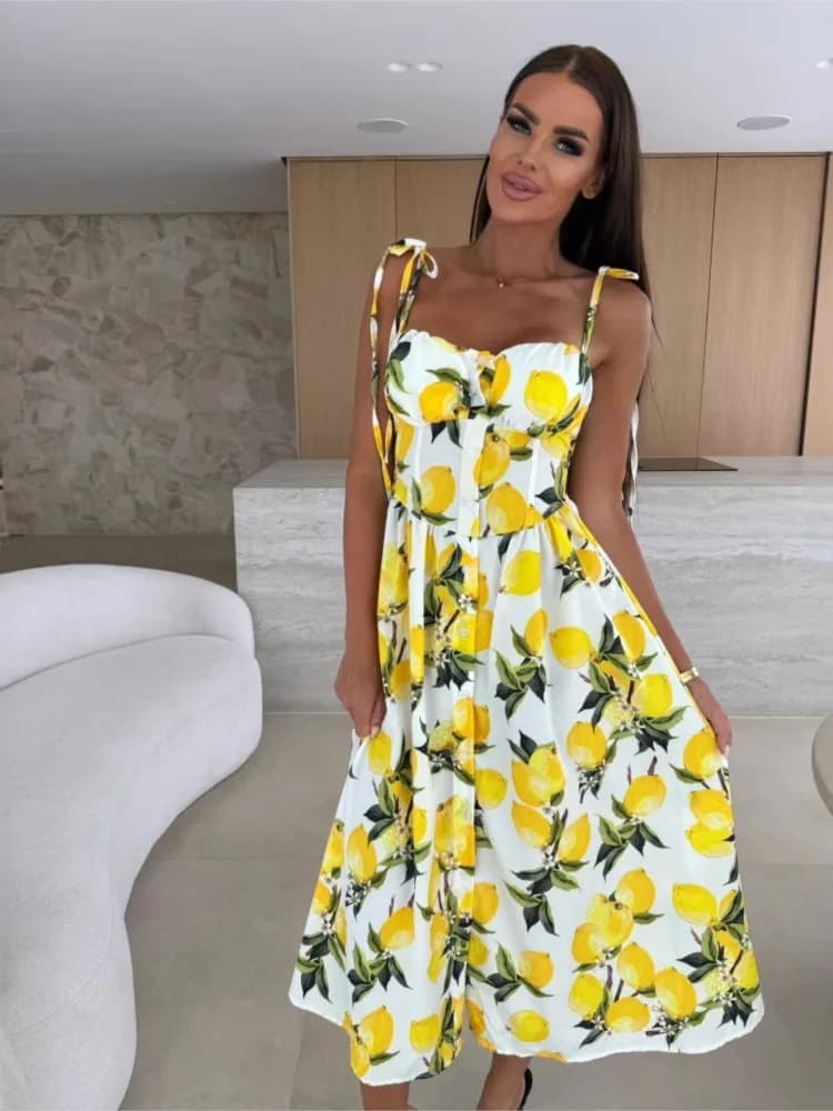 Abito longuette elegante alla moda Donna Estate Nuovo stile Abito monopetto con imbottitura sul petto autonomo Reggicalze stampato che abbraccia la vita