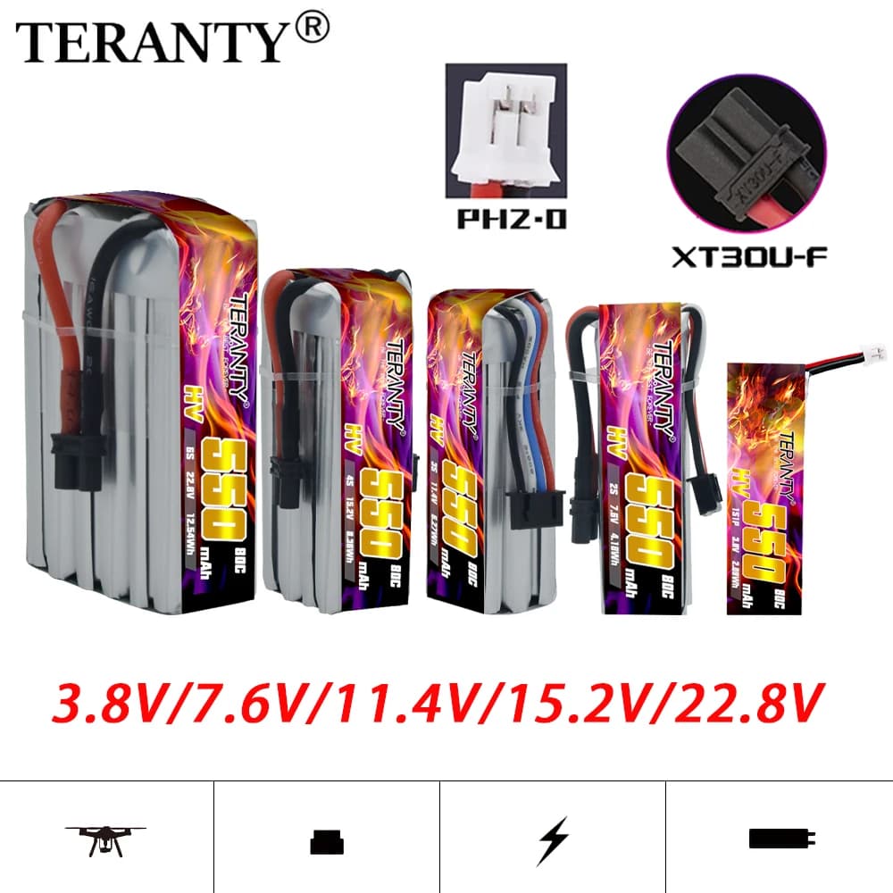 5 Pezzi Batteria LiPo TERANTY HV 1S 2S 3S 4S 6S 550mAh 80C/160C con Connettore PH2.0/XT30 per Elicottero RC, Quadricottero, Drone FPV da Corsa - Ricambi