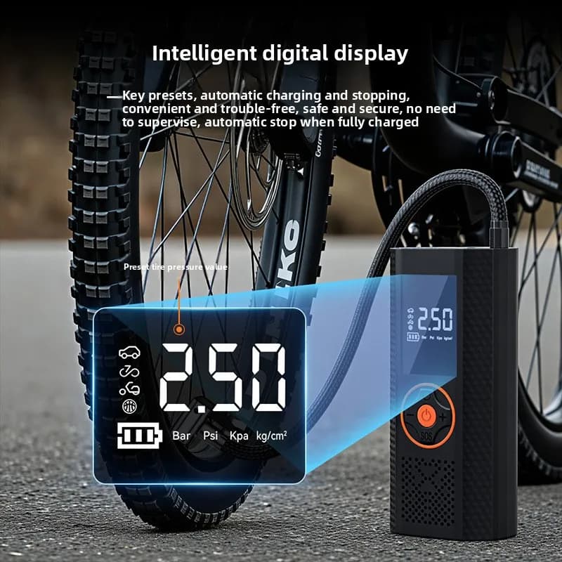 Pompa d'Aria Digitale Wireless per Moto, Compressore d'Aria Elettrico Portatile con Display LED per Moto, Auto, Bici, Veicoli, Pneumatici e Palloni