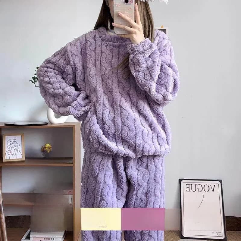 Pigiama da donna in pile corallo, set in flanella spessa, abbigliamento da casa, pantaloni lunghi, maniche lunghe, in morbido cotone, caldo e confortevole