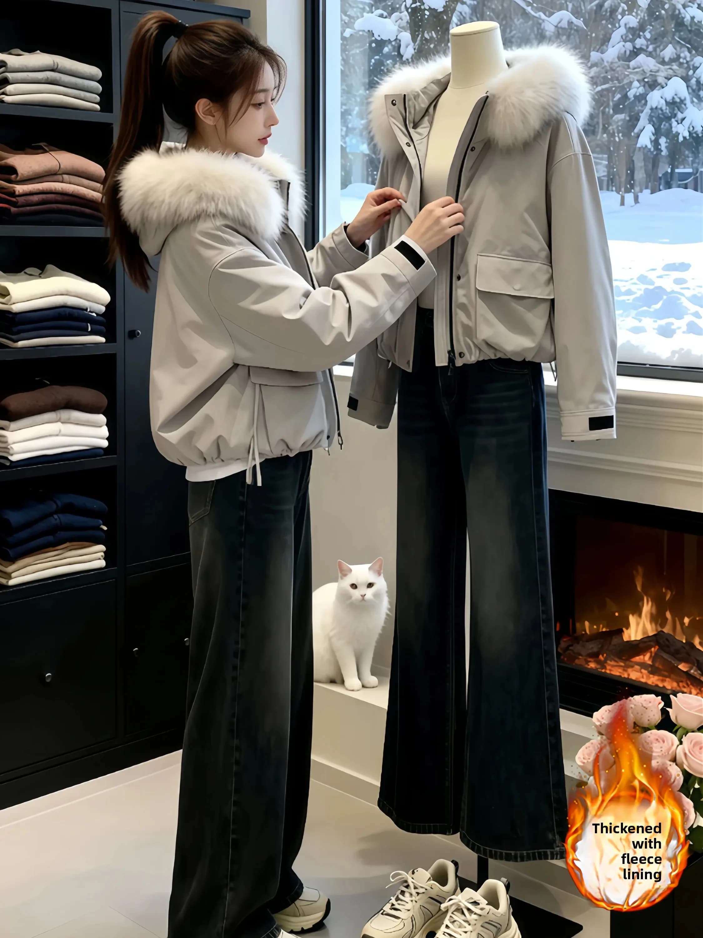 Trendy Thickened Cotton Jacket Women's Workwear Parka Coat with Large Fur Collar Warm Short Outerwear Korean Style Loose Fit