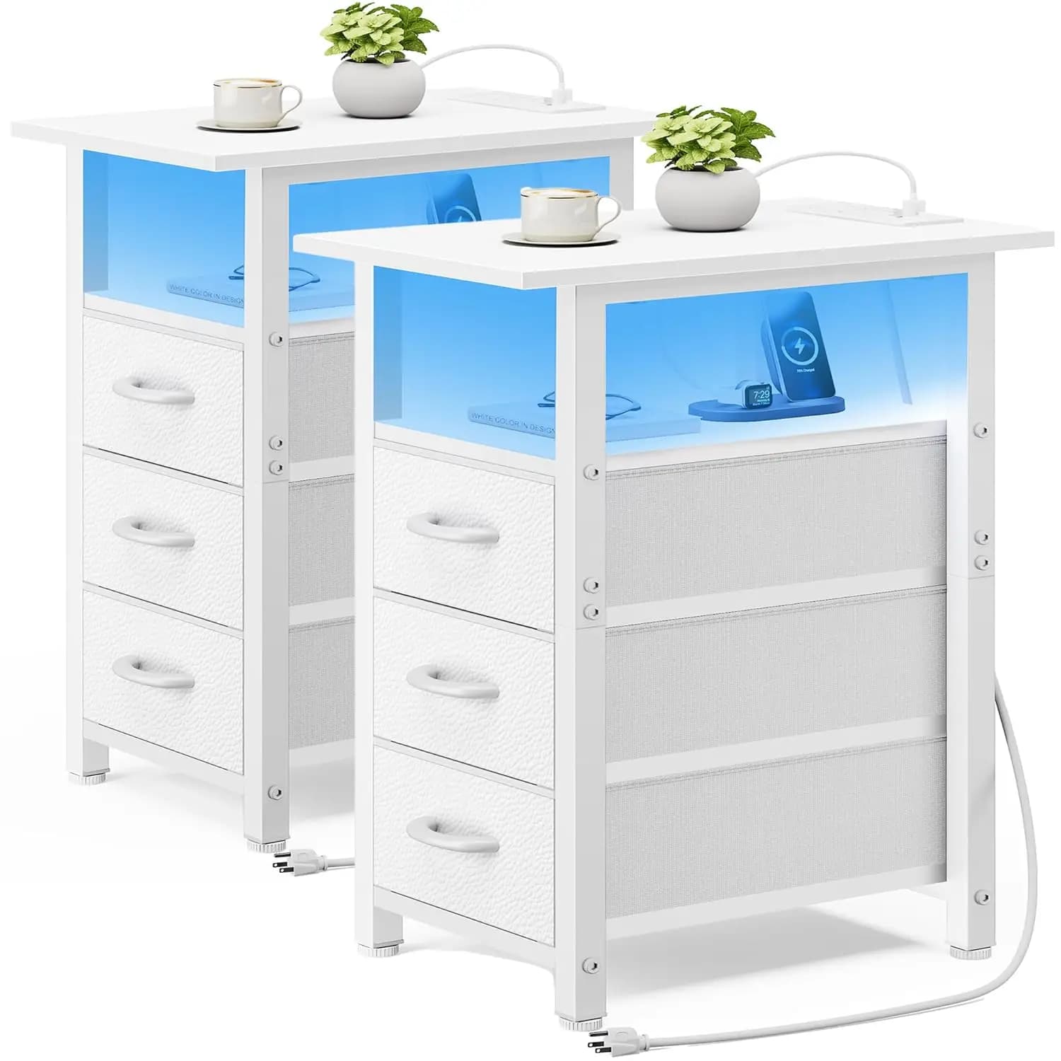 Set di 2 Comodini Bianchi con Stazione di Ricarica e Luci LED, Tavolino Stretto, Comodino LED con 3 Tessuti, Personalizzabile