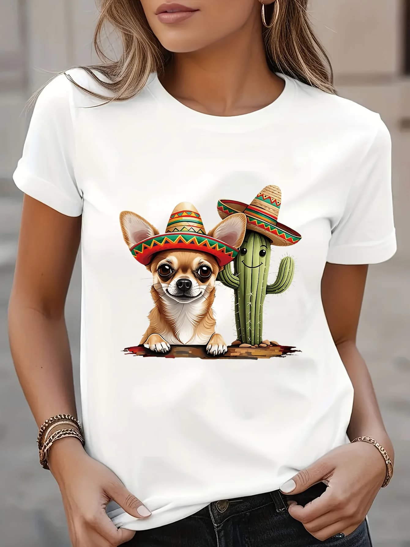 T-shirt da donna a maniche corte, girocollo, casual, con stampa Chihuahua, morbida e confortevole, adatta per l'uso quotidiano da donna