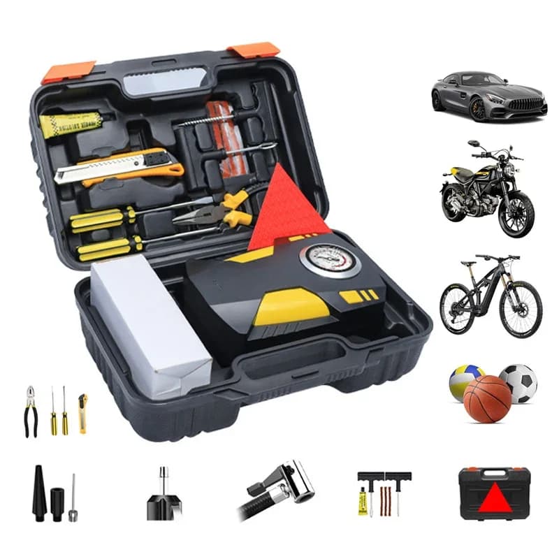 Compressore d'aria portatile ricaricabile per gonfiaggio pneumatici con 3 ugelli, pompa elettrica per auto 12V con luce LED