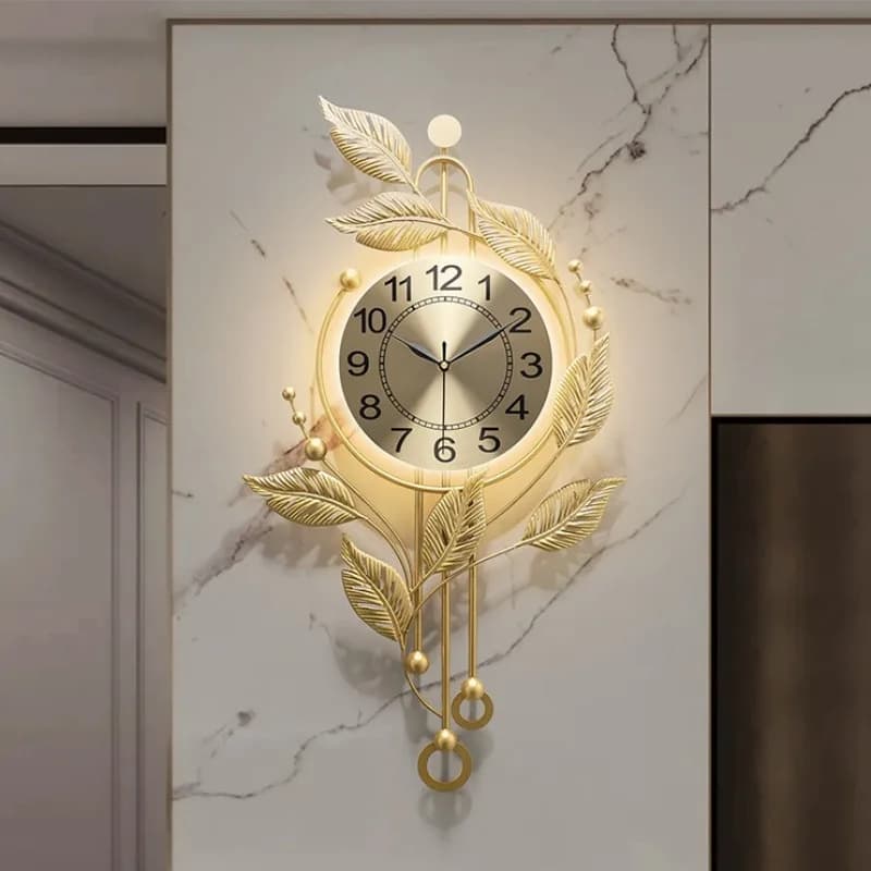 Creative Luxury Wall Clocks Lightable Silent Clock Elegant Leaf Timepiece Household Large Living Room Wall Decor Watch Ornament