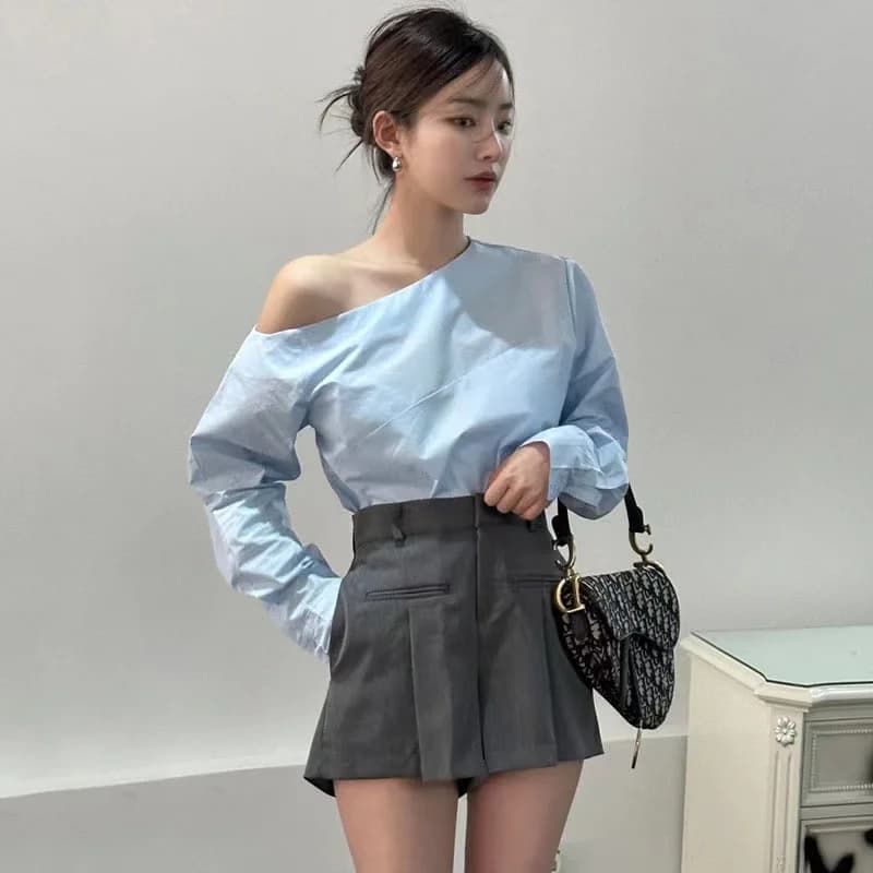 Camicia Chic Primaverile Versatile a Maniche Lunghe, Pantaloni Casual a Vita Alta e Gamba Larga, Shorts da Donna alla Moda in Stile Coreano con Design Monospalla