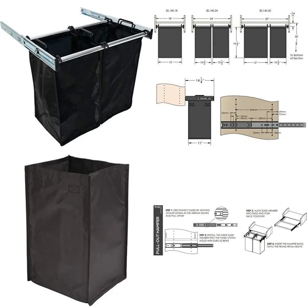 Complete extension pull-out basket with removable bags in polished chrome finish (24 width, 2 small bags included)