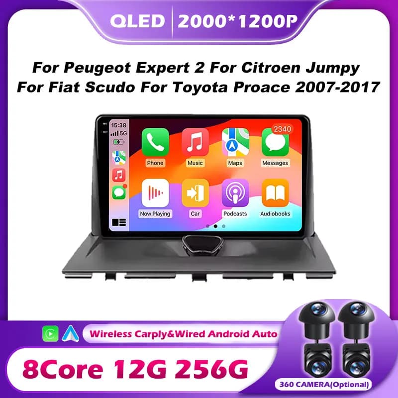 Autoradio Android 16 con Carplay per Peugeot Expert 2, Citroen Jumpy, Fiat Scudo, Toyota Proace 2007-2017, Navigazione GPS, Bluetooth