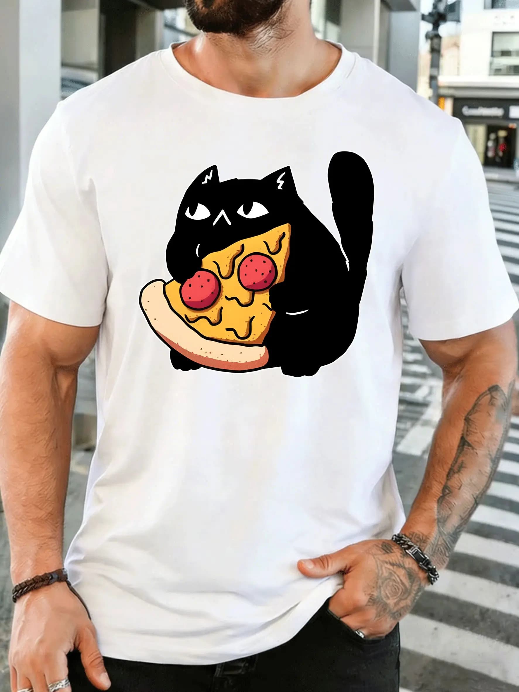 Men's T-shirt - Casual Street Style - Black Cat Eating Pizza Pattern - Adult Men's Clothing - Men's Casual Wear - Trendy Outfit