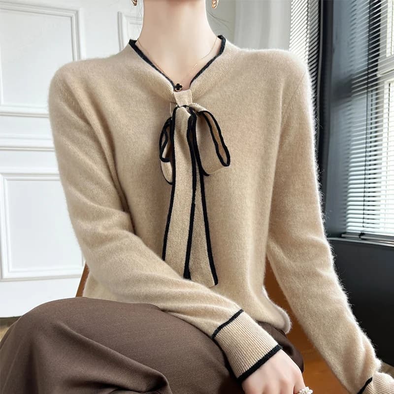Maglione da donna 100% lana merino con fiocco e cinturino, maglione color block, moda, maglia a maniche lunghe, pullover in cashmere, morbido e caldo