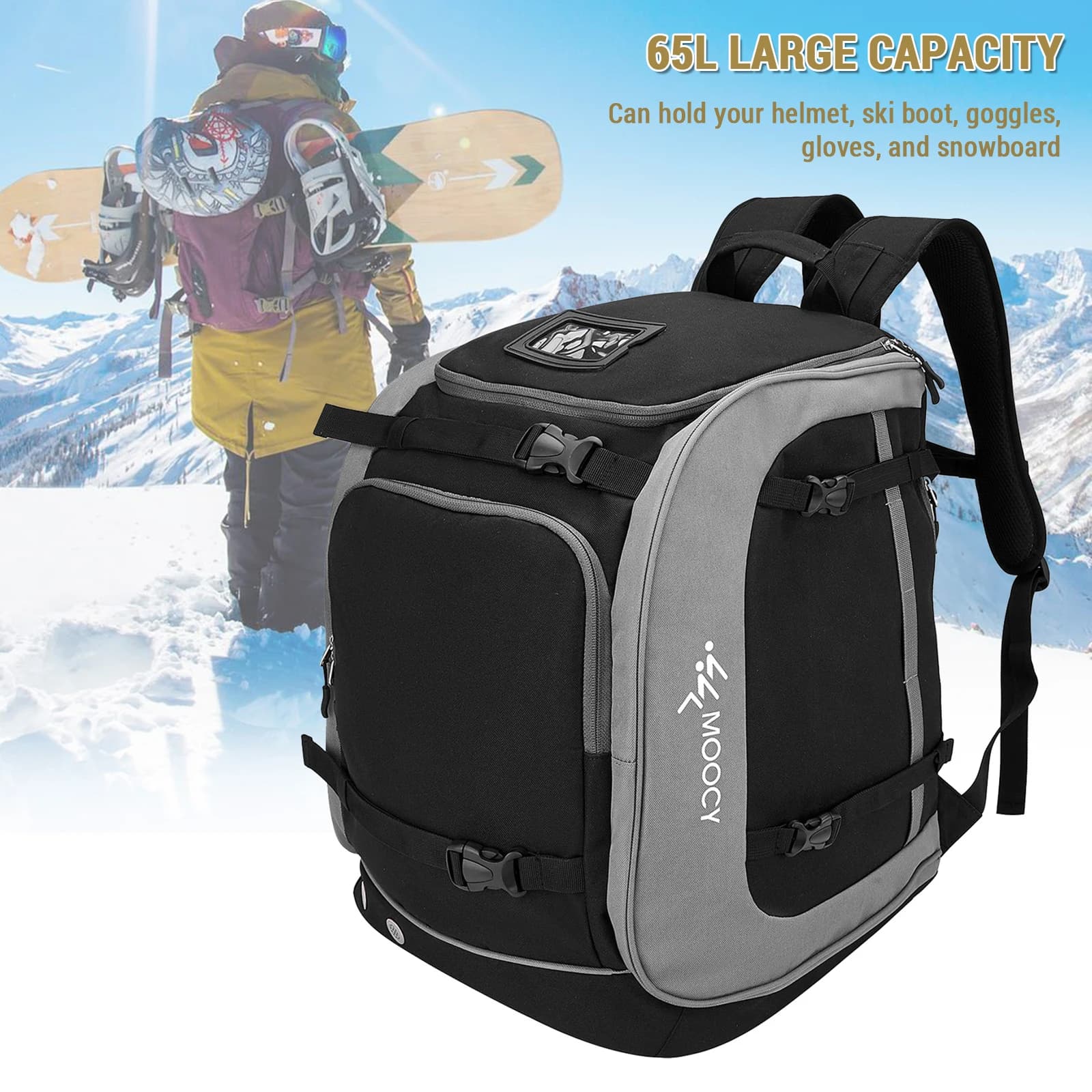 Borsa per Scarponi da Sci di Grande Capacità 65L, Zaino da Viaggio per Casco, Occhiali, Snowboard e Attrezzatura da Sci