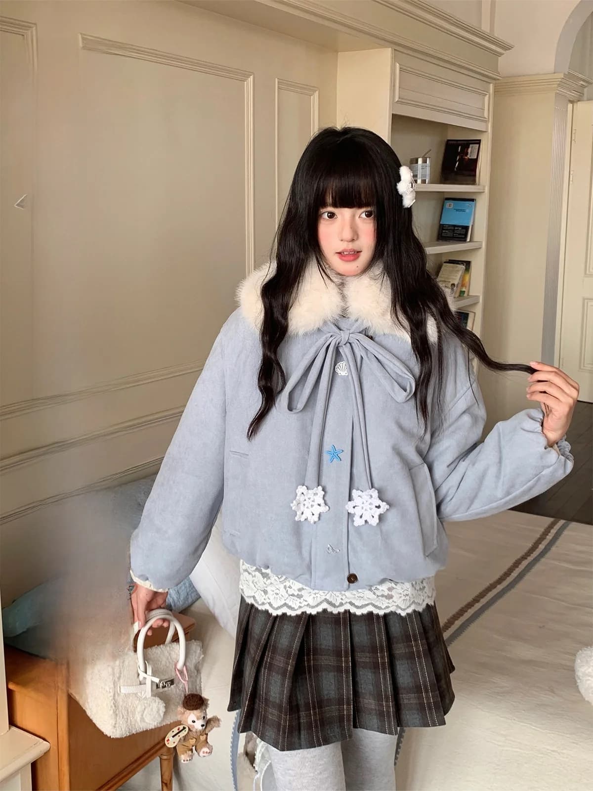BibiBency Giacca in Cotone Scamosciato da Donna, Calda per l'Inverno, con Collo in Pelliccia Annodata, Stile Dolce, Cappotto a Maniche Lunghe