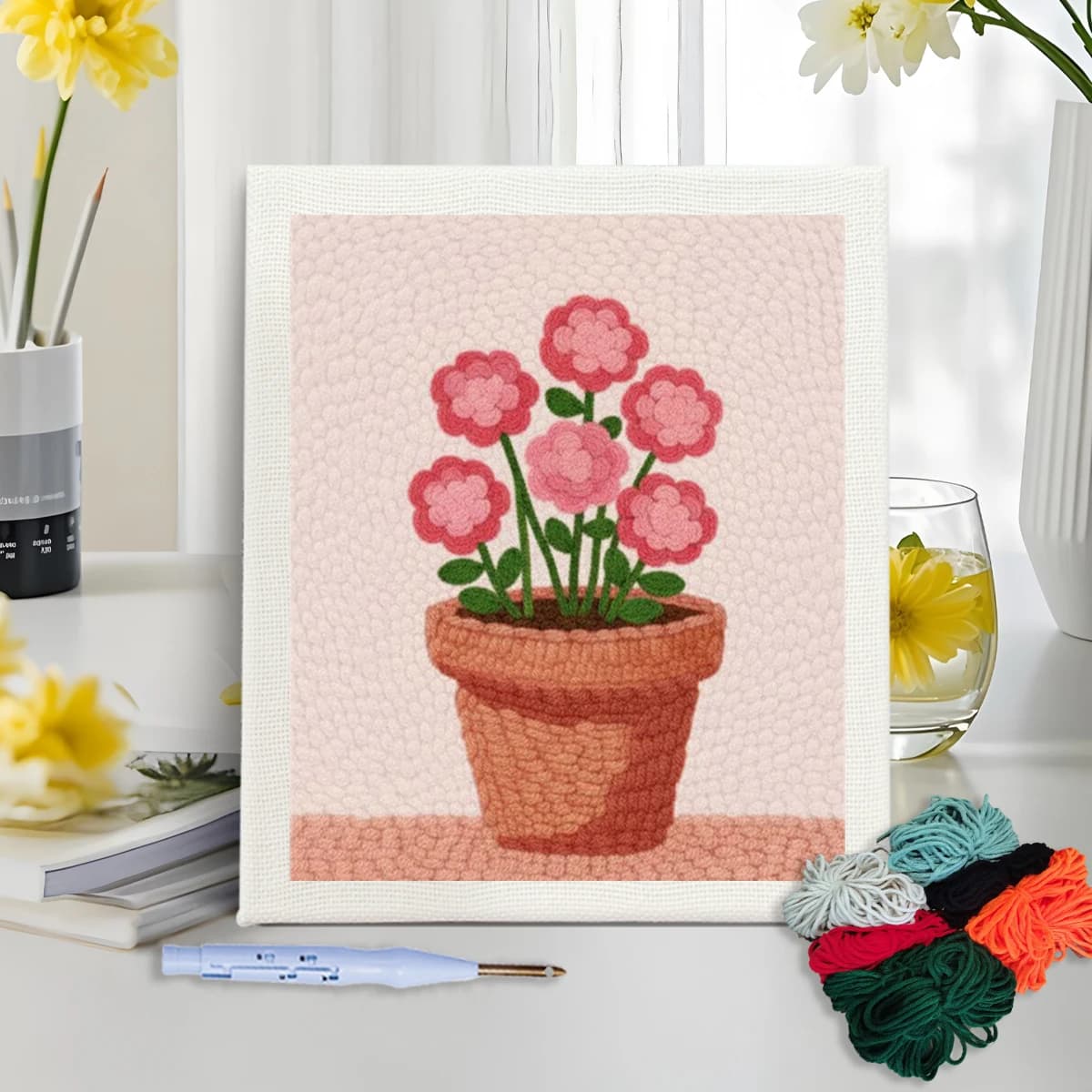 GATYZTORY punch needle embroidery kits Pink flower potted plant Picture Yarn 25x30cm Embroidery frame Sewing accessories Diy Set