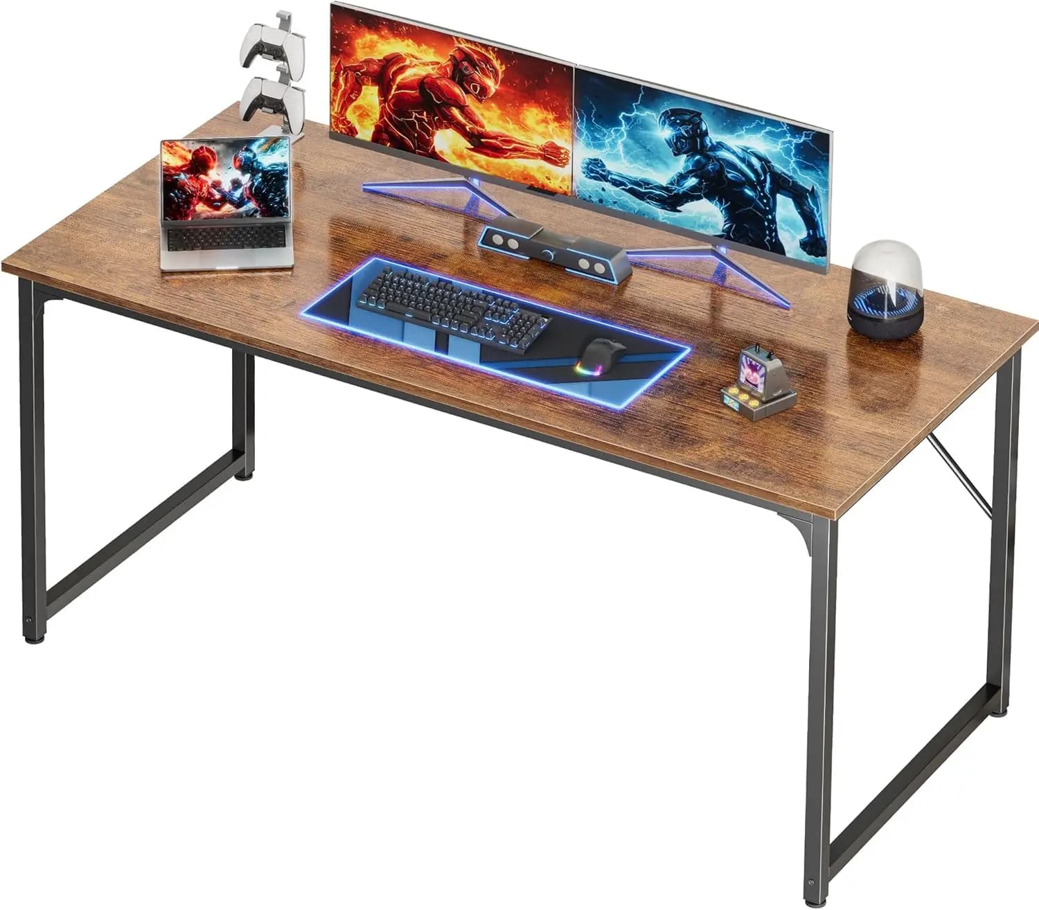 Scrivania per computer da 55 x 24 pollici, profonda, per gaming, ufficio e studio domestico, con struttura in metallo color marrone rustico