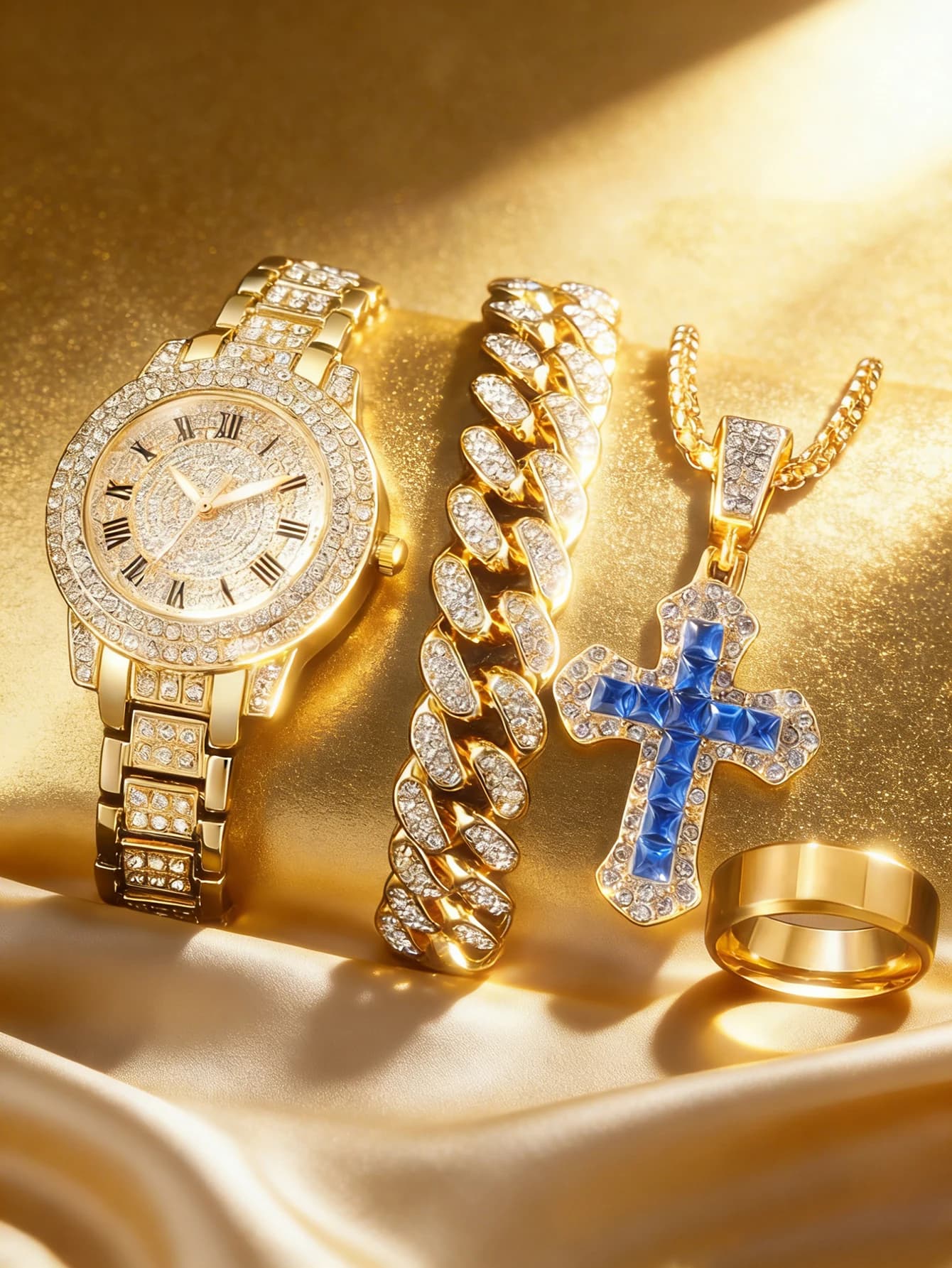 Orologio da Donna alla Moda con Quadrante Rotondo in Quarzo e Set di Gioielli Hip Hop Cubani, Ideale per Occasioni Festive, Idea Regalo
