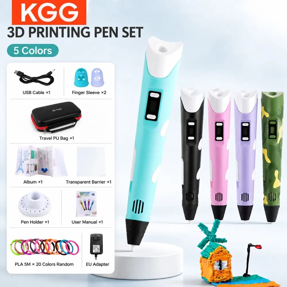Kids 3D Printing Pen LCD Digital Display with Power Adapter PLA Filament Children DIY Drawing Graffiti Christmas Birthday Gift