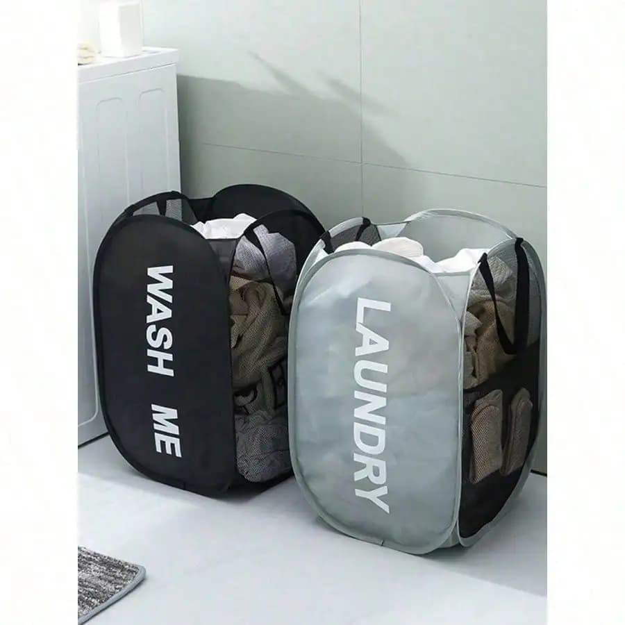 Foldable Waist Basket in Network with Handle, Pop-Up Basket for Dirty Dresses, Design 'WASH ME/LAUNDRY' for Bathroom and Home Use