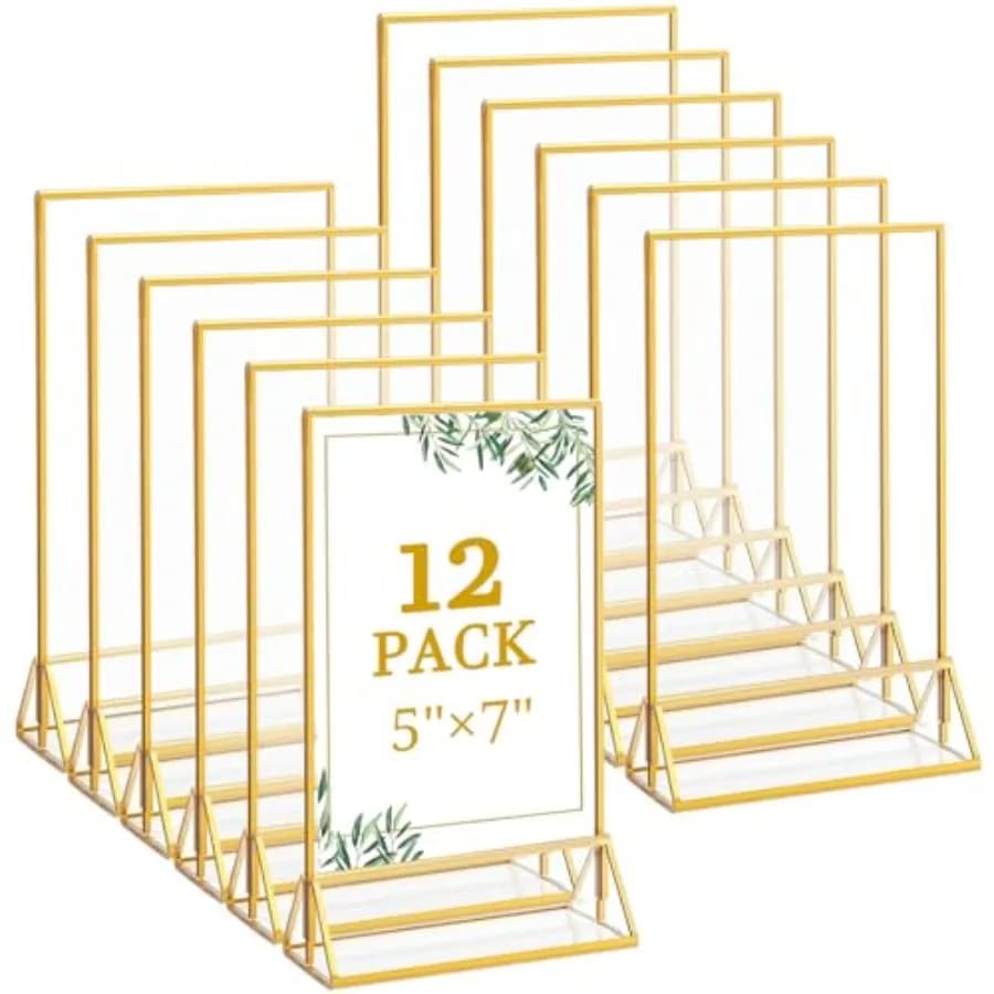 12 Pack 5x7 Inch Clear Acrylic Sign Holders Double-Sided Gold Display Stand Picture Frames for Table Numbers Menus Flyers Weddi
