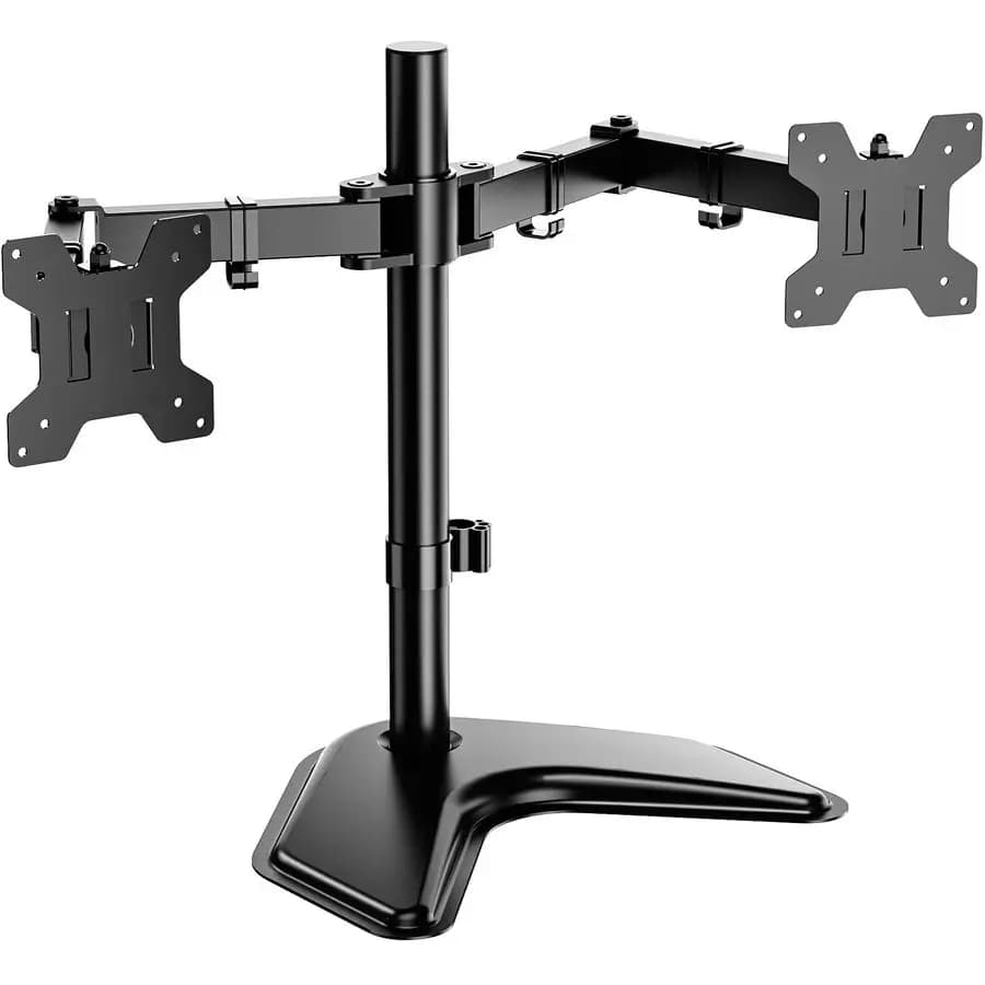 Support for two desk monitors, monitor supports for 2 screens up to 27 inches, two monitor support up to 22 pounds, self-supporting