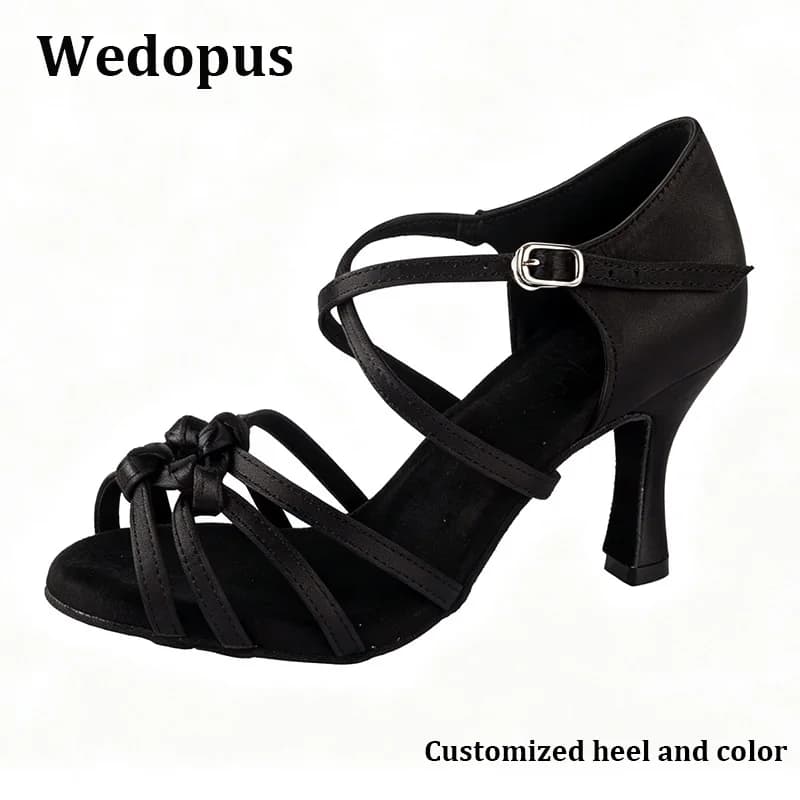 Wedopus Dance Shoes Women Latin Satin Shoes 8CM High Heel Soft Thick Insole Lady Sneaker Dance Shoes Leather Sandal