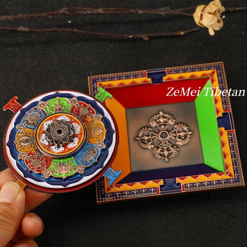 Buddhist Hall Five-Color Mandala Incense Holder,Round Alloy Stick Household Altars Sandalwood Incense Burner Tray Buddhist Item