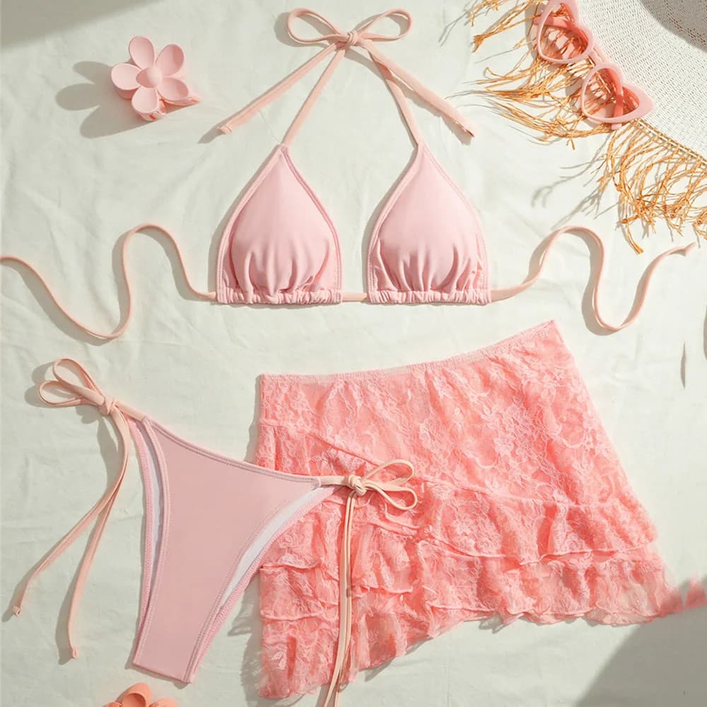 Minigonne in pizzo rosa Cover Up Costumi da bagno String Halter Triangolo 3 pezzi Bikini Set Micro Perizoma Costume da bagno sexy Donna 2026 Bikini