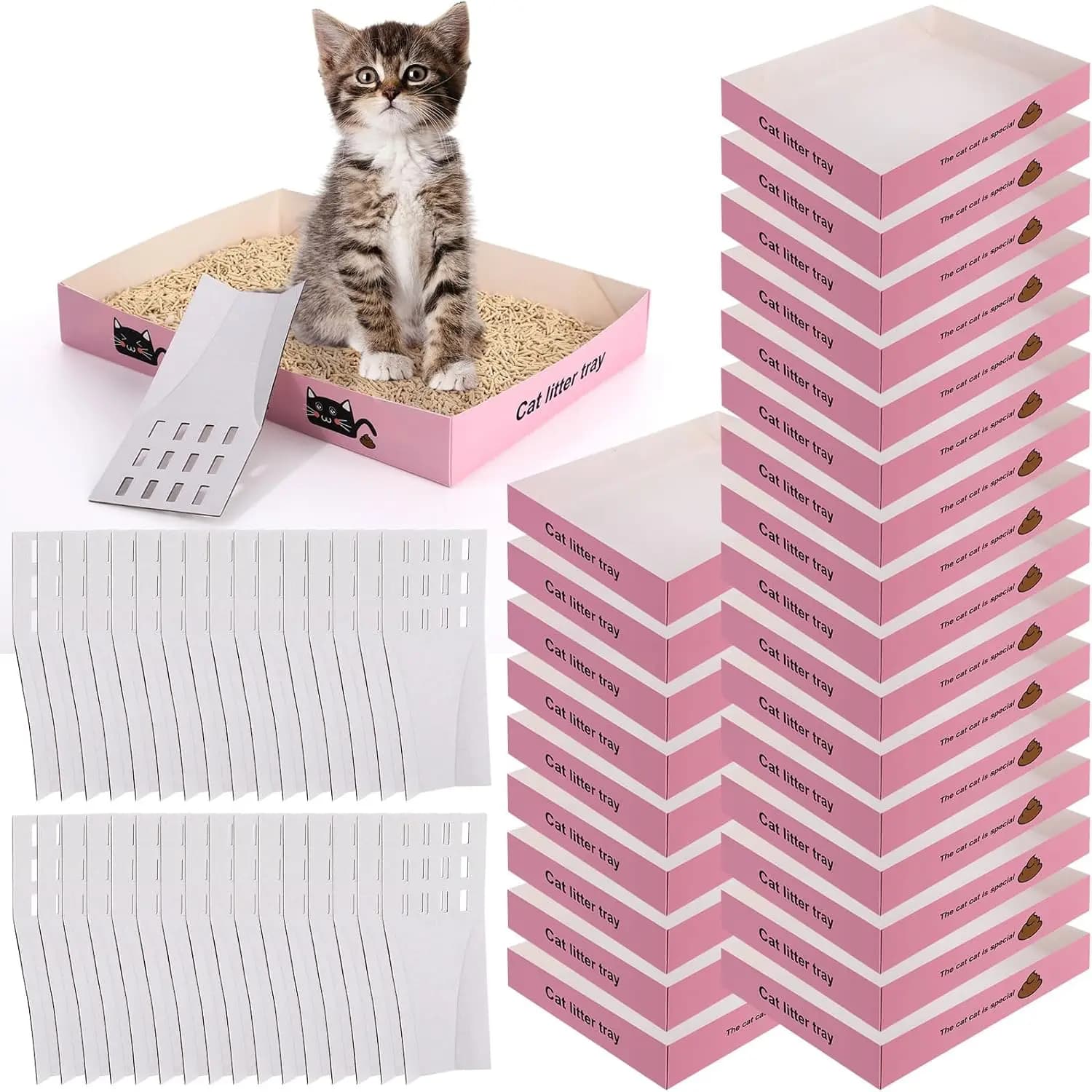 Confezione da 60 Lettiere Monouso per Gatti, 30 Lettiere Pieghevoli da Viaggio e 30 Palette, Portatili e Impermeabili in Cartone