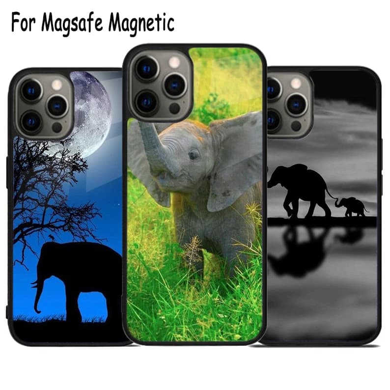 Cover Magnetica Wireless Magsafe con Silhouette di Elefante Africano per iPhone 17 Air 15 16 16e 14 13 11 12 Pro Max Plus