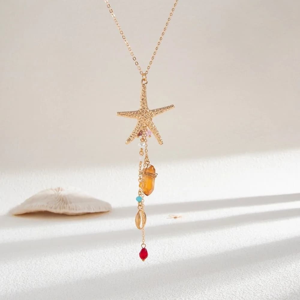 Orecchini Pendenti Lunghi con Nappa, Stella Marina e Conchiglia, Ciondolo in Cristallo, Perle Imitazione, Gioielli Moda, Choker, Piercing a Goccia