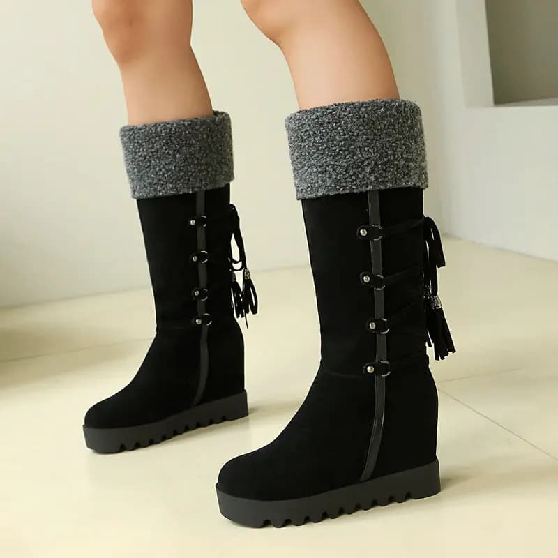 Stivali Invernali da Donna in Finta Pelle Scamosciata con Tacco a Zeppa, Stivali Alti al Ginocchio Foderati in Pelliccia, con Nappe e Lacci, Scarpe Casual Calde con Plateau, Botas Mujer