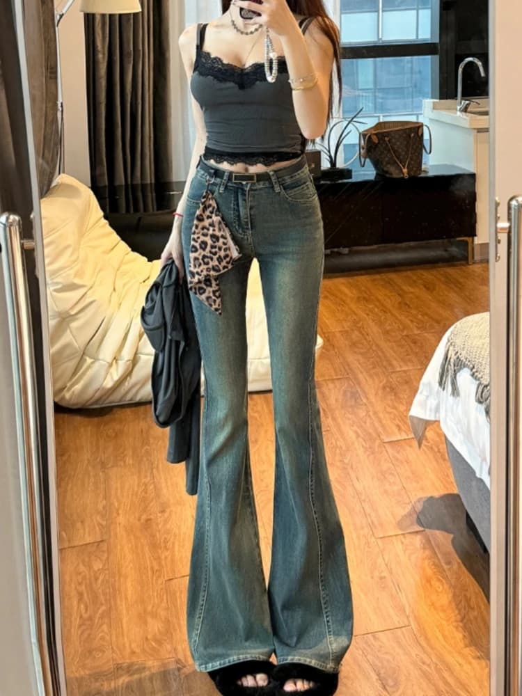 Jeans with belt scarf with printed women's leopard summer 2025 micro trousers with straight leg versatile high waist elastic slim fit