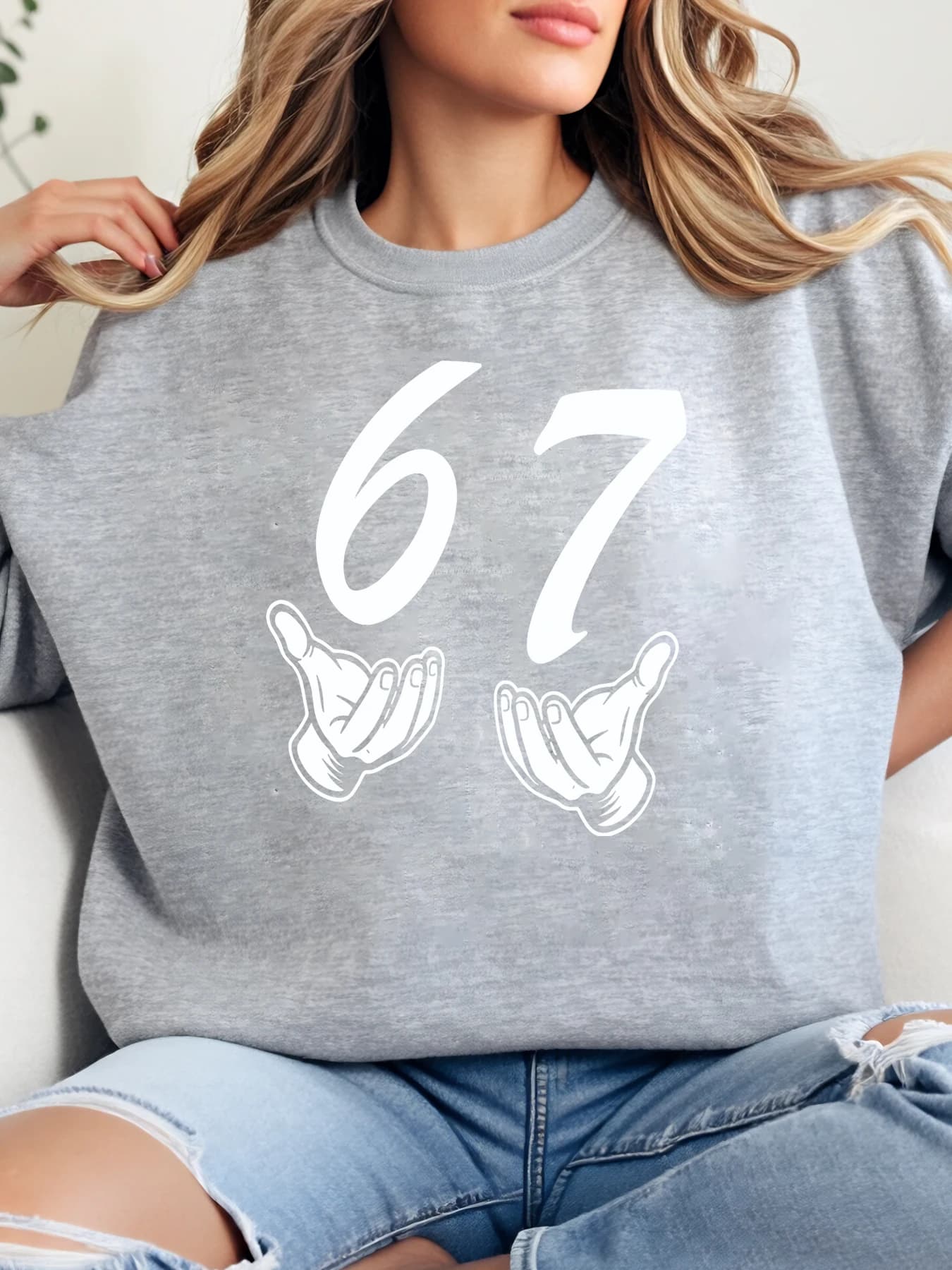 67 Hand Signs Print Halloween Sweatshirt Women Casual Clothing Party Grey Plus Size