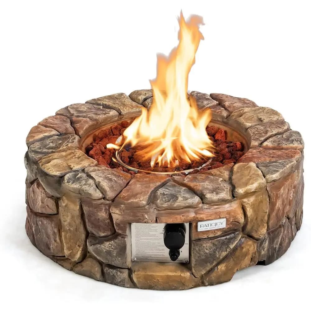 Braciere rotondo a gas propano da 28 pollici, Patiojoy 40.000 BTU Braciere a propano per esterni effetto pietra con rocce laviche e copertura in PVC, finto St