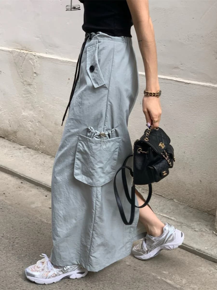 Chic Spliced High Waist Straight Cut Long Skirt for Women with Dstring Waisand Ba Slit Commute Sle Cotton Blend