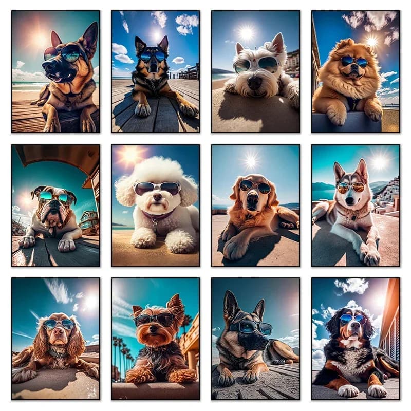 Poster e Stampa di Cane con Occhiali da Sole, Arte Murale Accogliente con Tema Spiaggia e Sole, Pittura Diamantata, Stampa di Bulldog KoKi Golden Retriever per Arredamento Casa