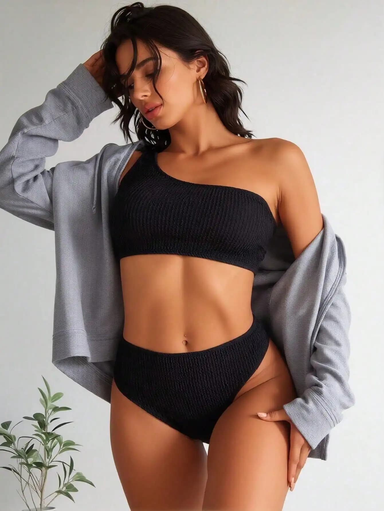 Plain Black High Waisted Bikini Set Leg-Lengthening Two Piece Swimsuit For Vacation