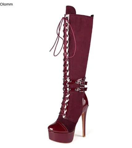 Olomm Nuove Donne di Arrivo Stivali Al Ginocchio Tacchi A Spillo Punta Rotonda Splendido Vino Rosso Nero Graziosi Scarpe da Donna Plus US Taglia 5-15