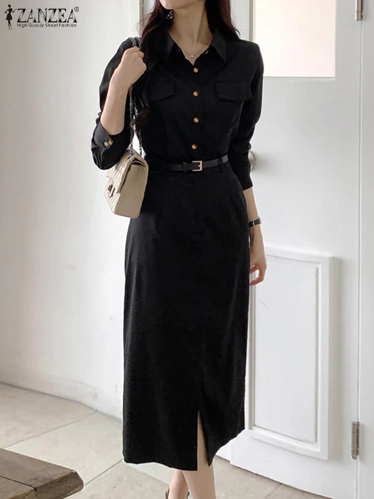 ZANZEA 2025 Autumn Women Lapel Long Sleeve Vestidos Solid Work Dresses Casual Waisted No Belted Robe Office Lady Midi Spilt Robe
