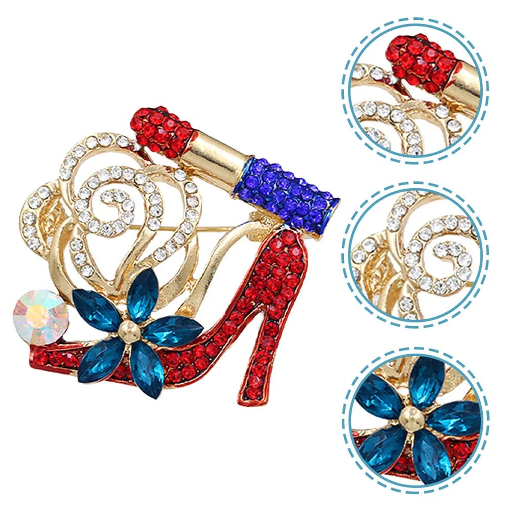Spilla con strass da donna a forma di tacco alto e lucidalabbra, in lega, accessorio di moda per abito, cappello, sciarpa, borsetta, serate eleganti